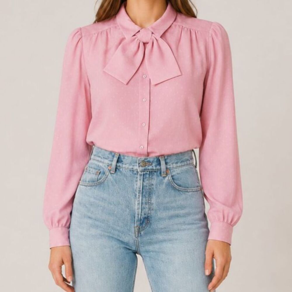 Vintage Pink Polka Dot Bow‎ Blouse Size Medium